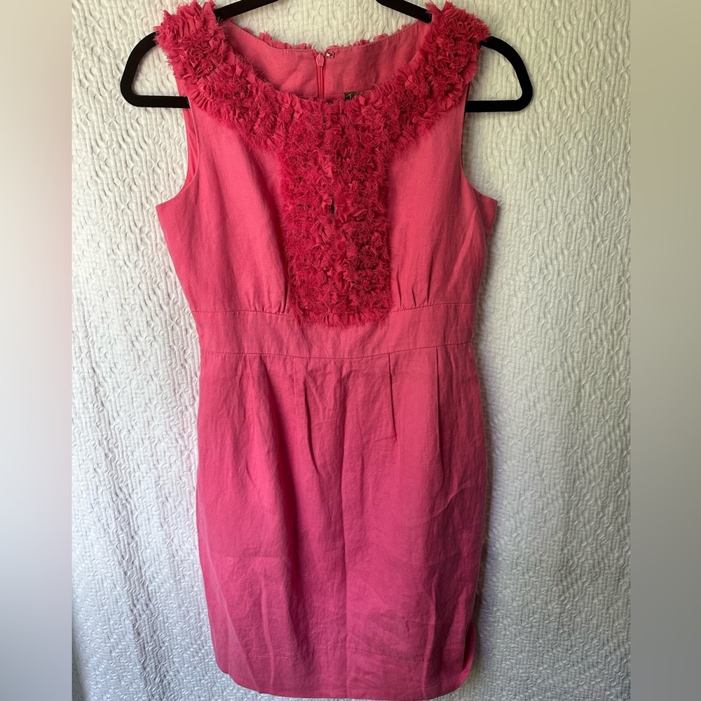 Taylor Linen Sheath with Ruffle Accent in Pink SZ 4